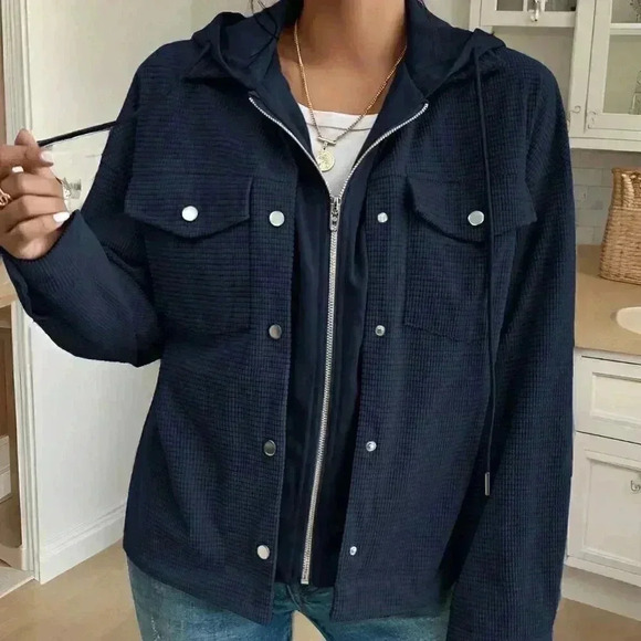 Navy Blue Casual Women's Solid Color Minimalist Hooded Long Sleeve Jacket - Picture 3 of 5